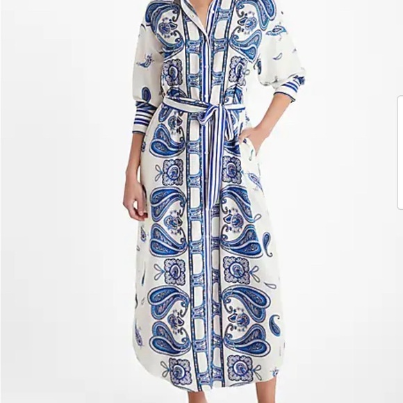 Express Dresses & Skirts - Express Blue and White Belted Long Sleeve Shirt Dress